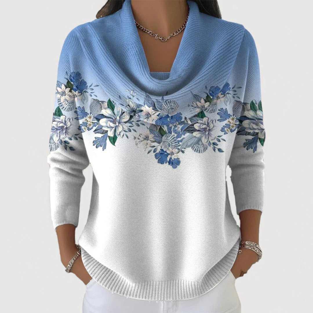Pullover Damen mit drapiertem Halsausschnitt und floralem Design - J&B - 2 - Jasminaboutique.com