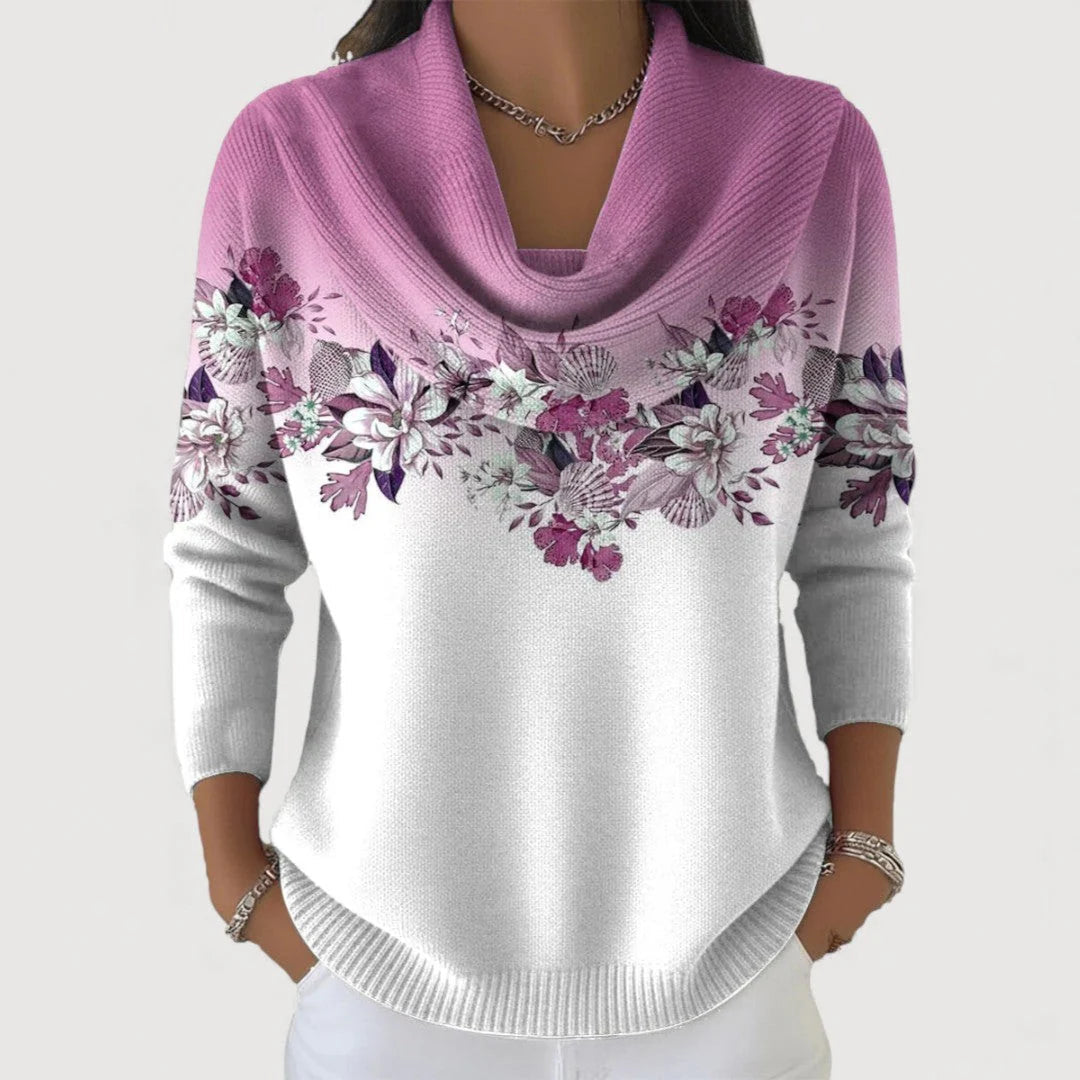 Pullover Damen mit drapiertem Halsausschnitt und floralem Design - J&B - 3 - Jasminaboutique.com