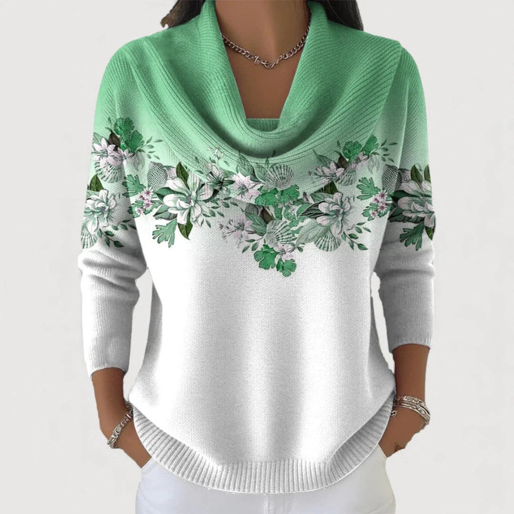 Pullover Damen mit drapiertem Halsausschnitt und floralem Design - J&B - 4 - Jasminaboutique.com