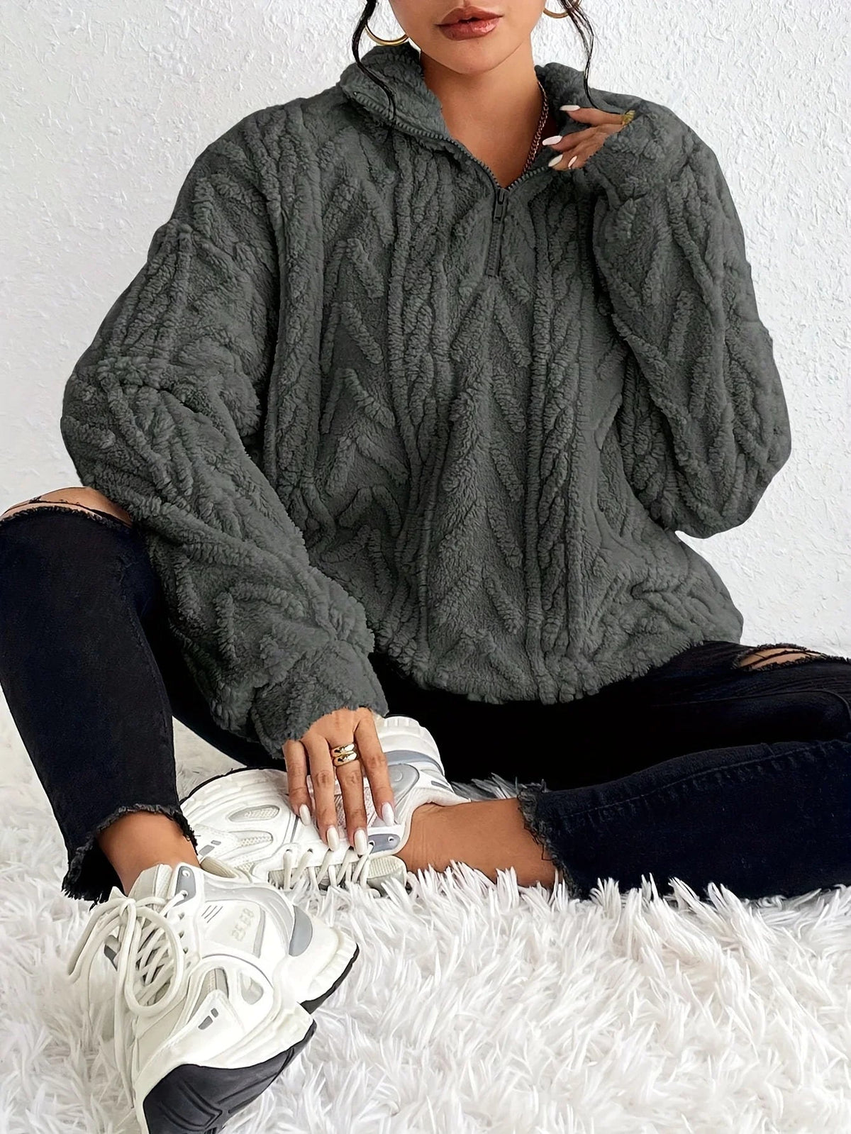 Pullover Damen mit Stehkragen und strukturiertem Design - J&B - 2 - Jasminaboutique.com