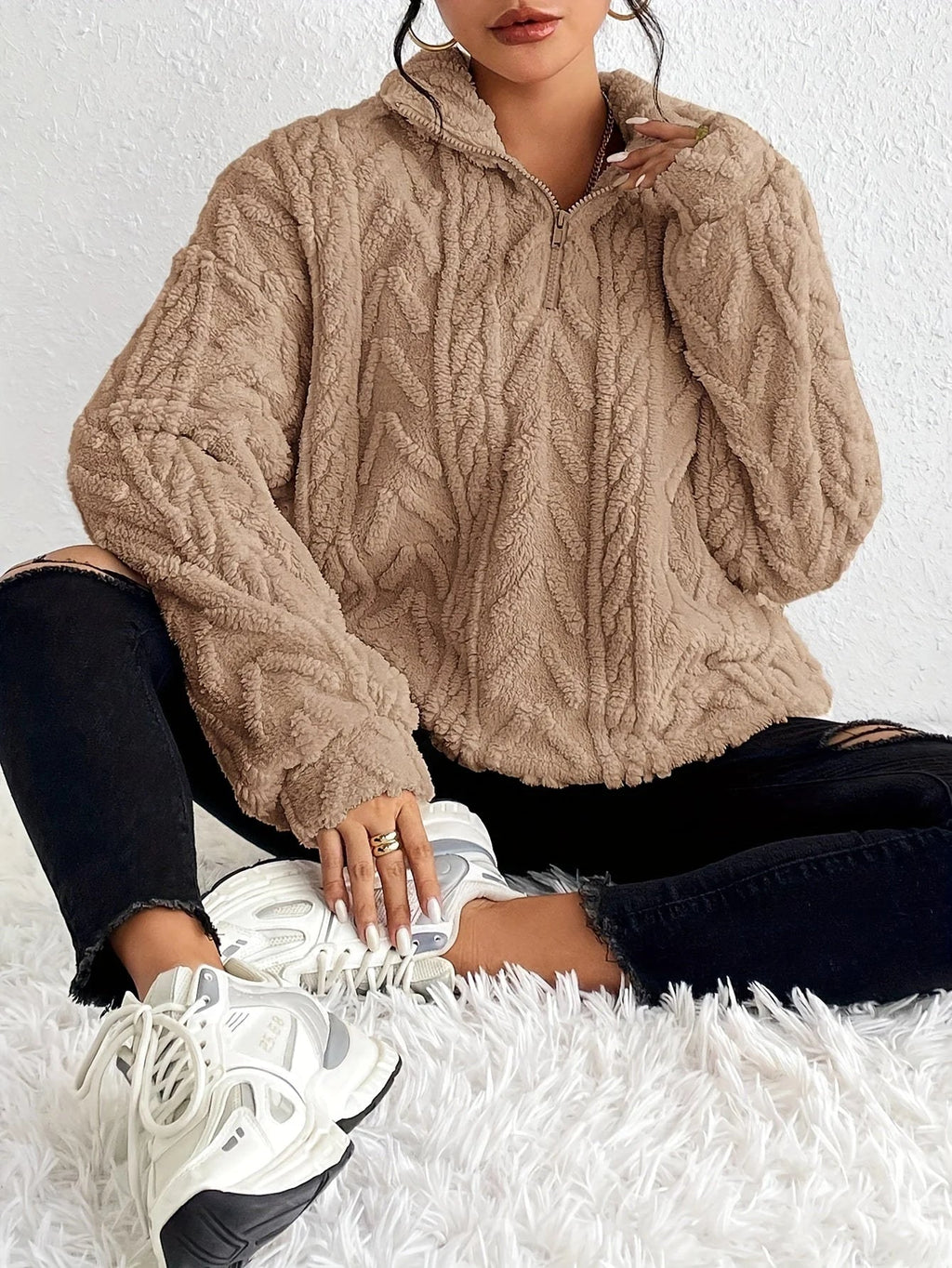 Pullover Damen mit Stehkragen und strukturiertem Design - J&B - 3 - Jasminaboutique.com