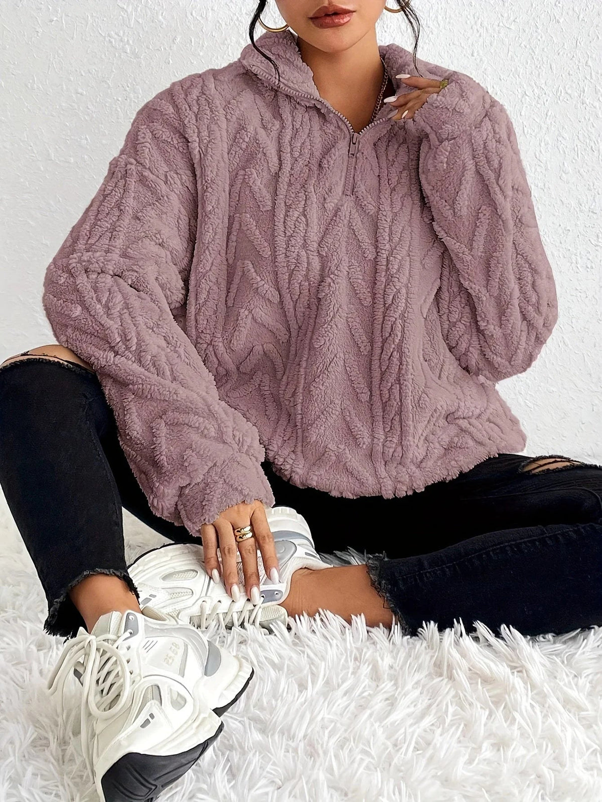 Pullover Damen mit Stehkragen und strukturiertem Design - J&B - 4 - Jasminaboutique.com