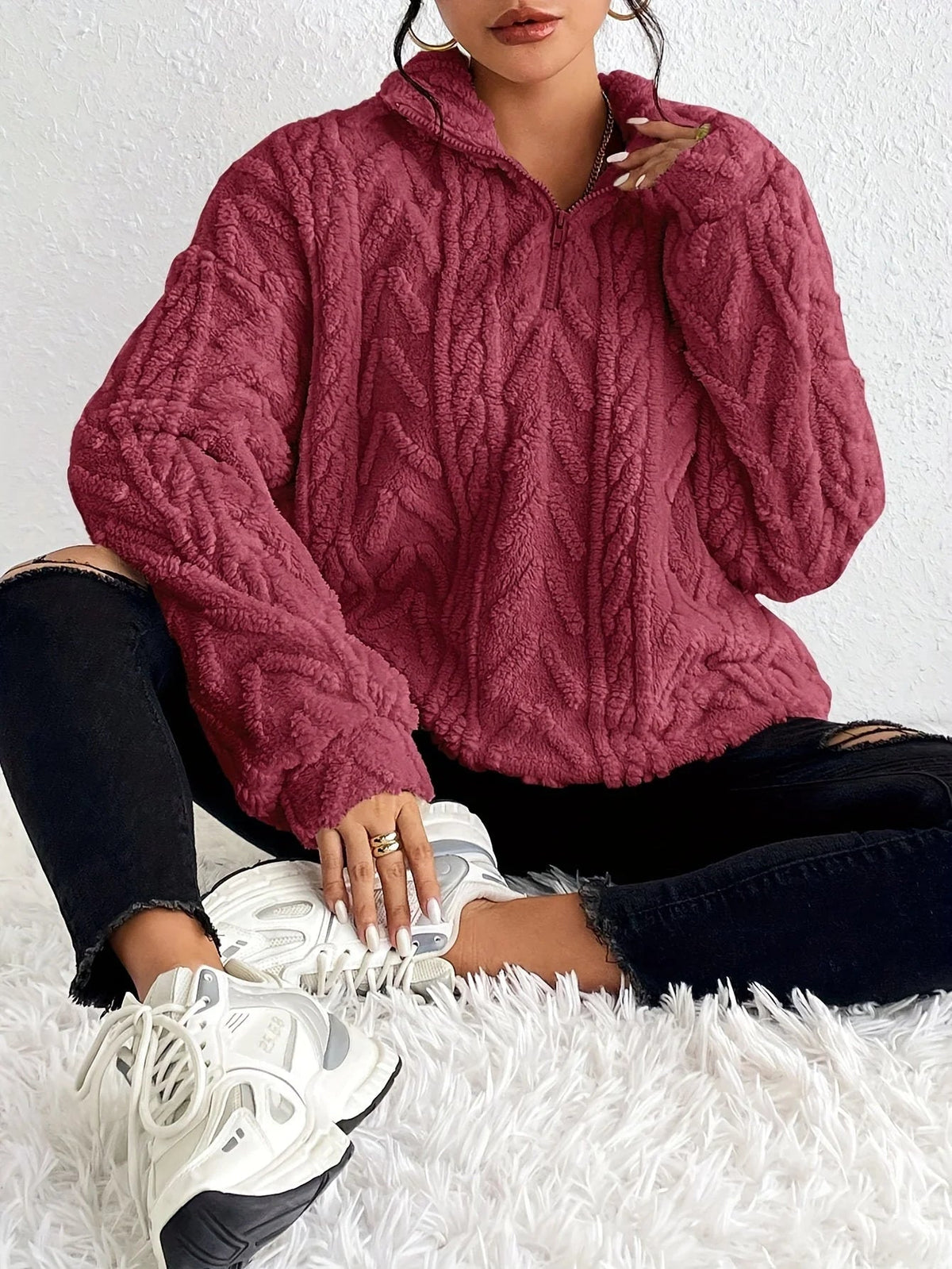 Pullover Damen mit Stehkragen und strukturiertem Design - J&B - 5 - Jasminaboutique.com