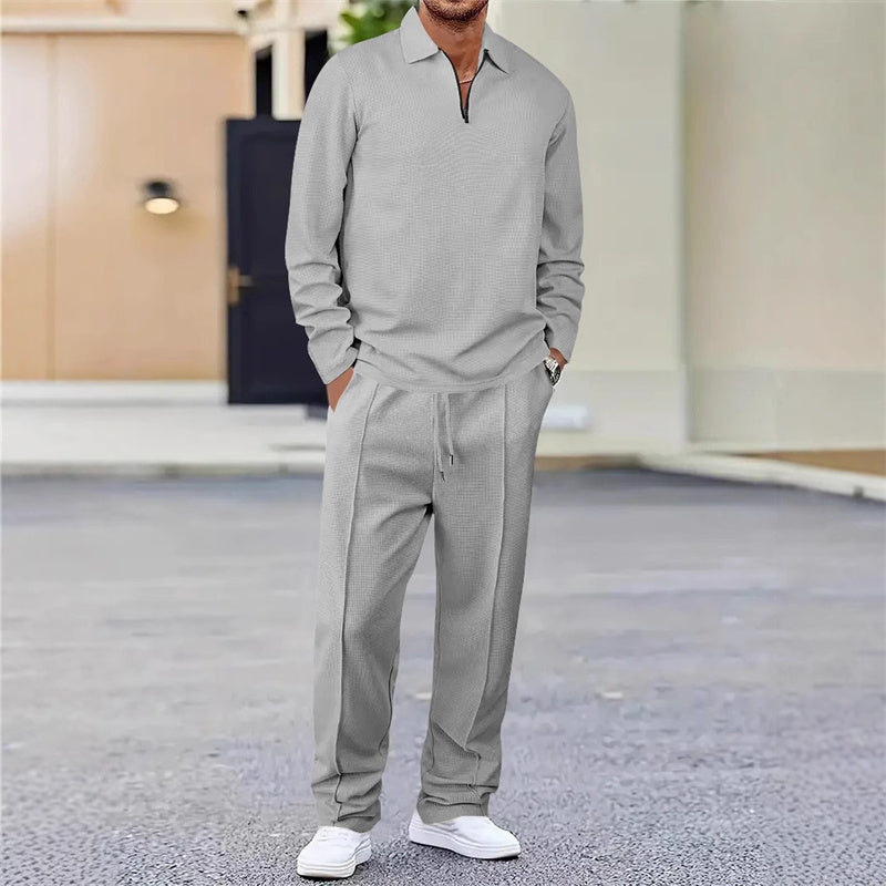 Herren Waffelstrick-Set: Sweatshirt mit Quarter-Zip & gerade Hose - J&B - 2 - Jasminaboutique.com