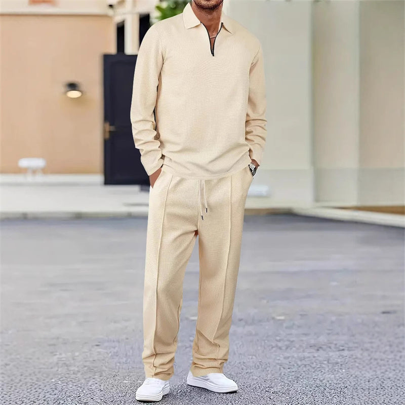 Herren Waffelstrick-Set: Sweatshirt mit Quarter-Zip & gerade Hose - J&B - 4 - Jasminaboutique.com