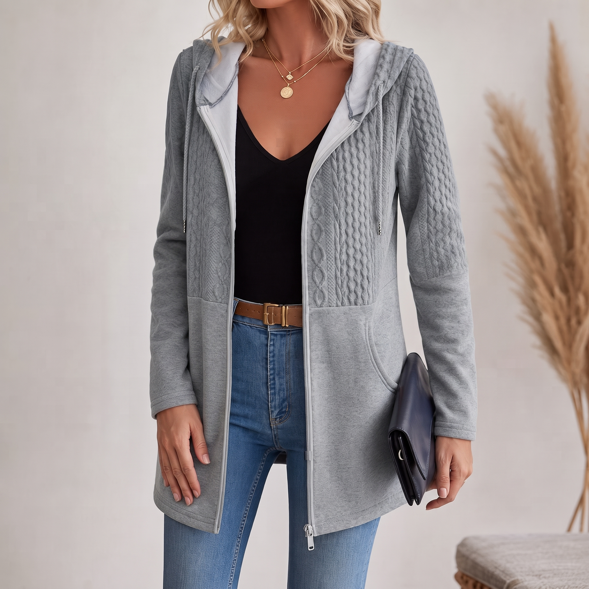 Hoodie Damen mit Kapuze und Struktur - J&B - 1 - Jasminaboutique.com