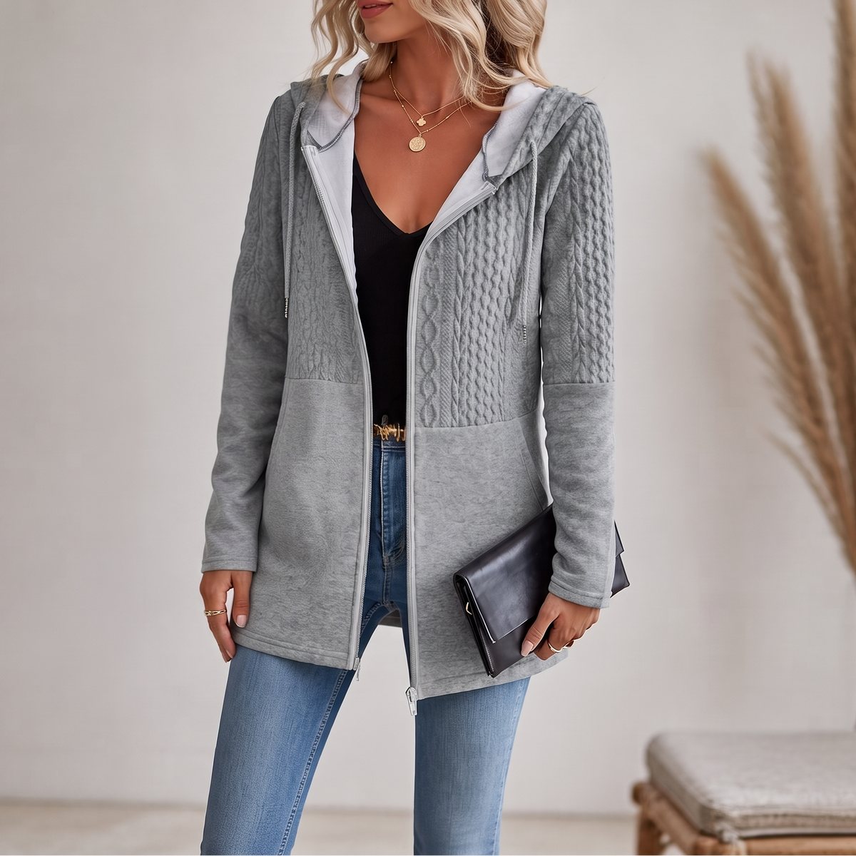 Hoodie Damen mit Kapuze und Struktur - J&B - 11 - Jasminaboutique.com
