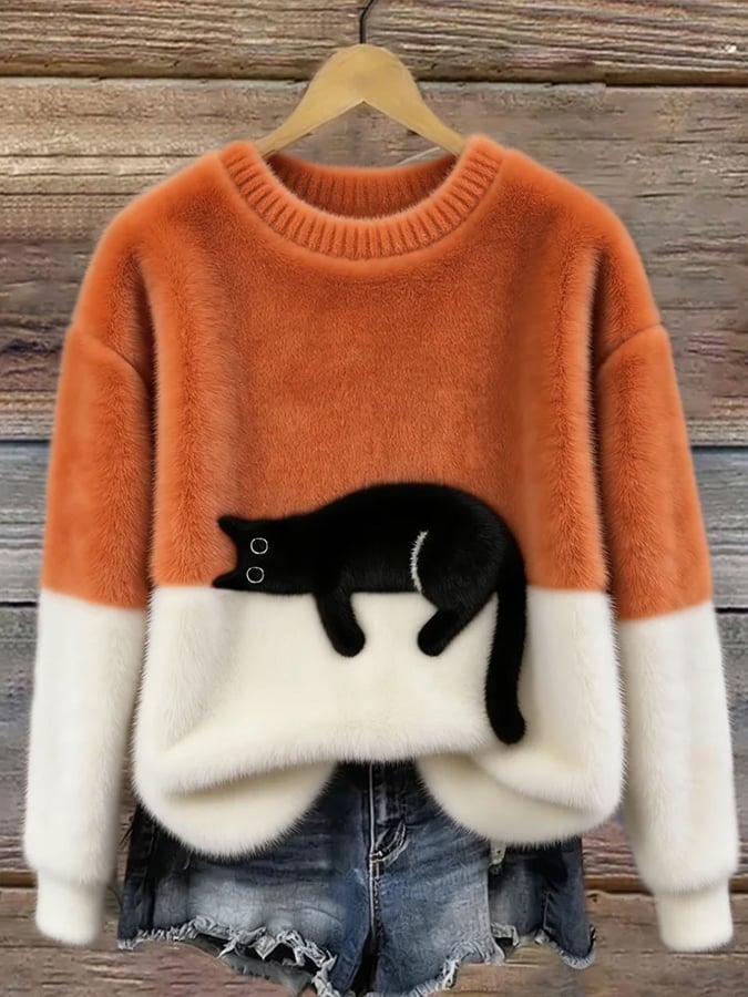 Pullover Damen mit Katzenmotiv und Kontrastschnitt - J&B - 2 - Jasminaboutique.com