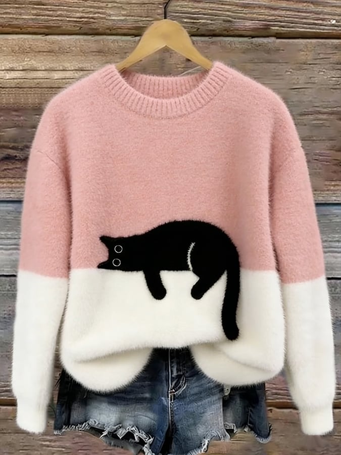 Pullover Damen mit Katzenmotiv und Kontrastschnitt - J&B - 3 - Jasminaboutique.com