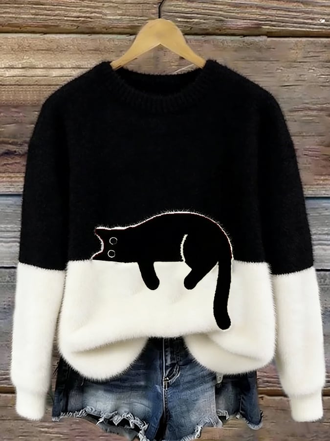 Pullover Damen mit Katzenmotiv und Kontrastschnitt - J&B - 4 - Jasminaboutique.com