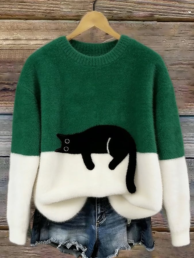 Pullover Damen mit Katzenmotiv und Kontrastschnitt - J&B - 7 - Jasminaboutique.com