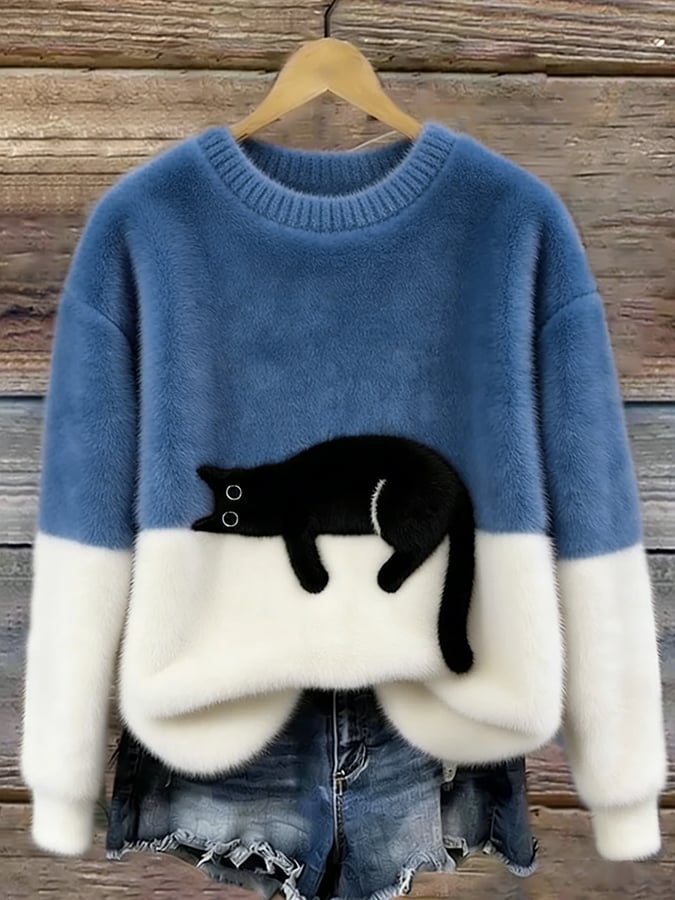 Pullover Damen mit Katzenmotiv und Kontrastschnitt - J&B - 8 - Jasminaboutique.com
