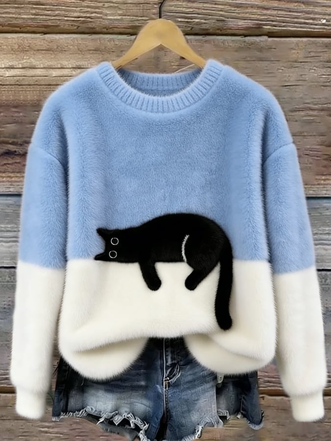 Pullover Damen mit Katzenmotiv und Kontrastschnitt - J&B - 9 - Jasminaboutique.com