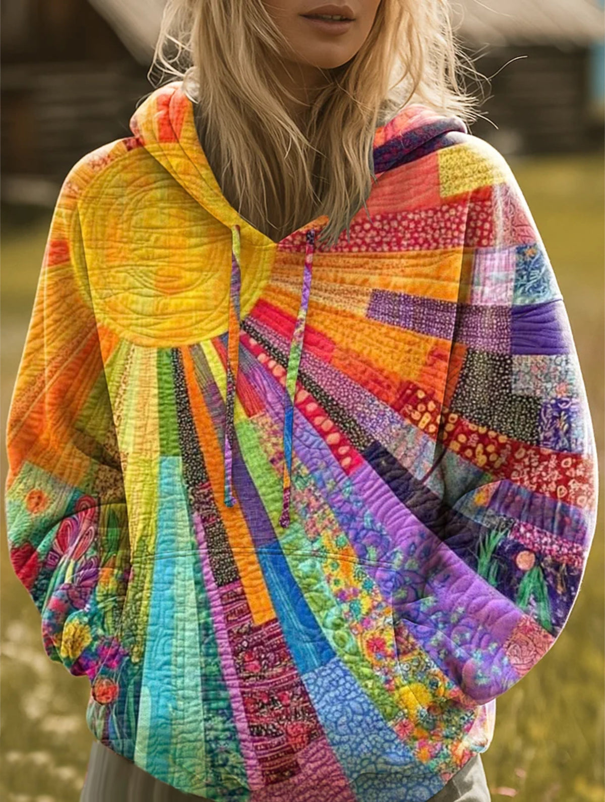 Hoodie Damen mit buntem Patchwork-Design und lässiger Passform - J&B - 1 - Jasminaboutique.com