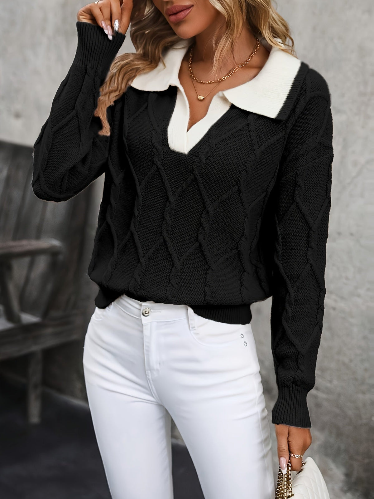 Pullover Damen mit V-Ausschnitt und Kragen - J&B - 1 - Jasminaboutique.com