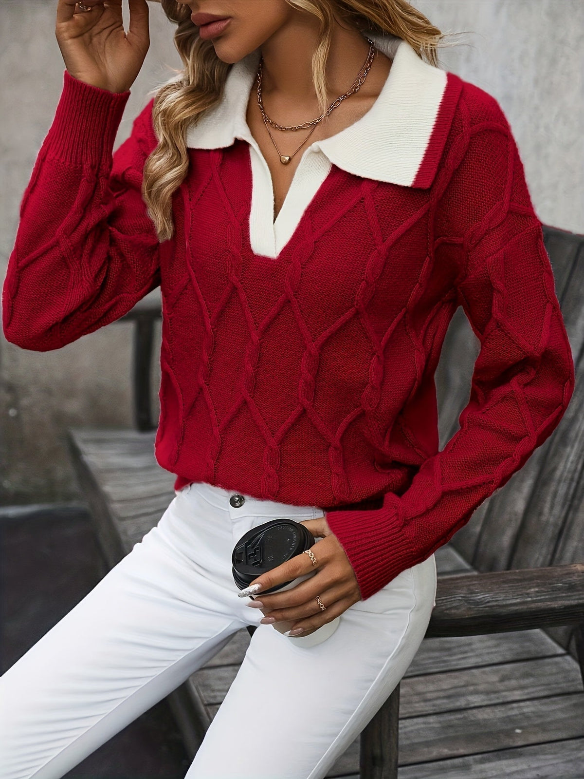 Pullover Damen mit V-Ausschnitt und Kragen - J&B - 2 - Jasminaboutique.com