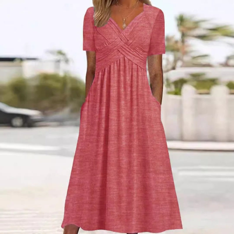 Damen Kleid V-Ausschnitt kurze Ärmel - J&B - 3 - Jasminaboutique.com