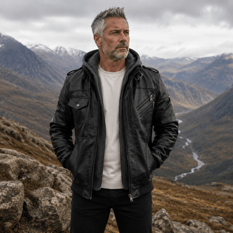 Herren Lederjacke mit abnehmbarer Kapuze und asymmetrischem Reißverschluss - J&B - 1 - Jasminaboutique.com