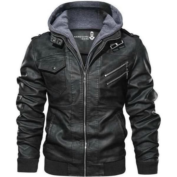 Herren Lederjacke mit abnehmbarer Kapuze und asymmetrischem Reißverschluss - J&B - 2 - Jasminaboutique.com