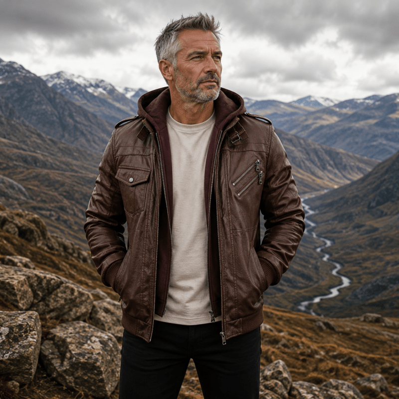 Herren Lederjacke mit abnehmbarer Kapuze und asymmetrischem Reißverschluss - J&B - 3 - Jasminaboutique.com
