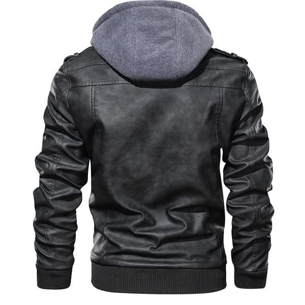 Herren Lederjacke mit abnehmbarer Kapuze und asymmetrischem Reißverschluss - J&B - 6 - Jasminaboutique.com