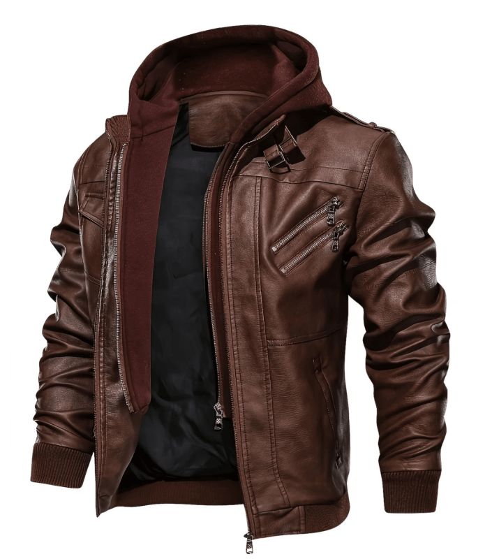 Herren Lederjacke mit abnehmbarer Kapuze und asymmetrischem Reißverschluss - J&B - 7 - Jasminaboutique.com