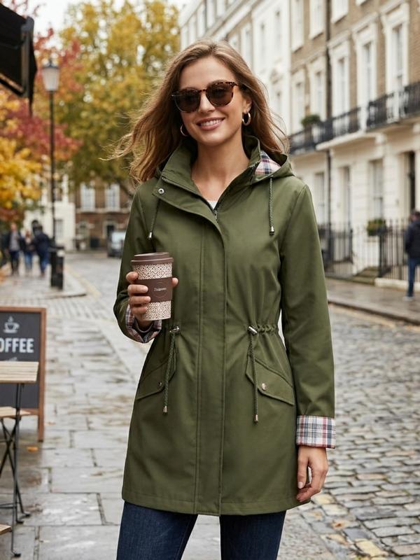 Damen Trenchcoat mit Kapuze und Taillenzug - J&B - 22 - Jasminaboutique.com