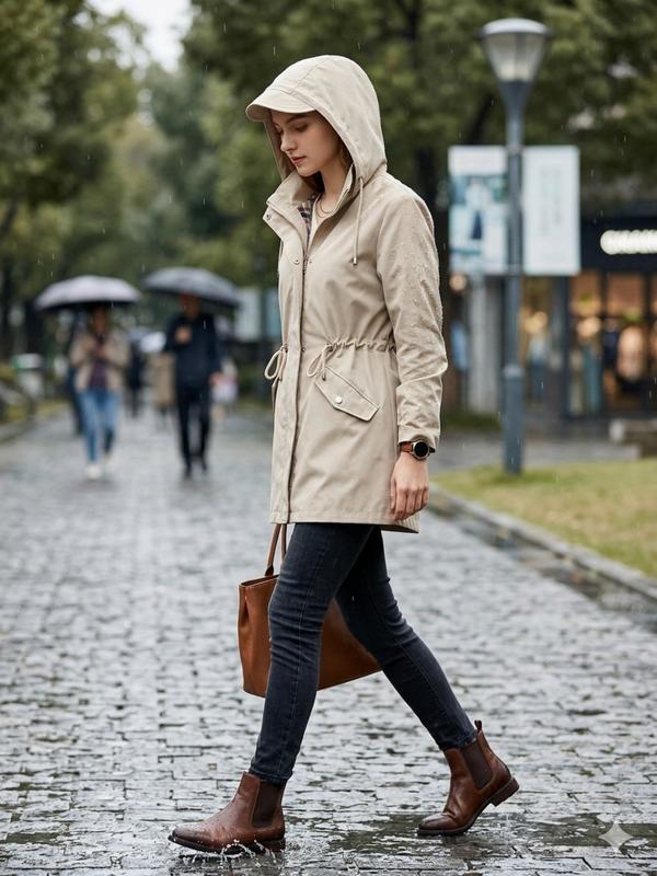 Damen Trenchcoat mit Kapuze und Taillenzug - J&B - 23 - Jasminaboutique.com