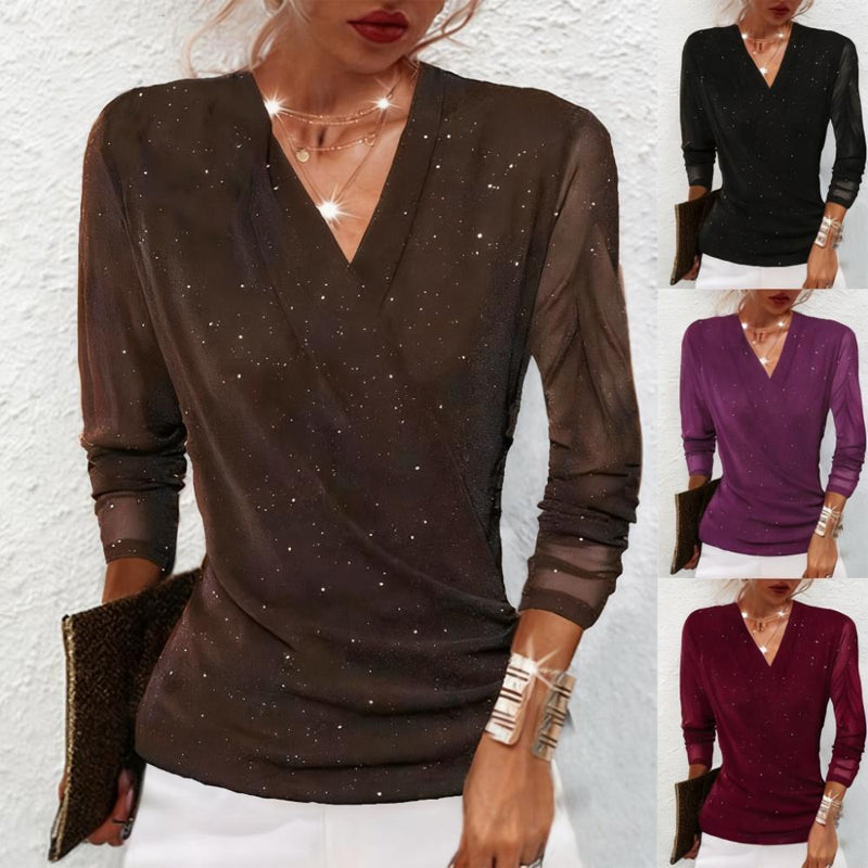 Bluse Damen mit elegantem V-Ausschnitt und transparenten Ärmeln - J&B - 1 - Jasminaboutique.com