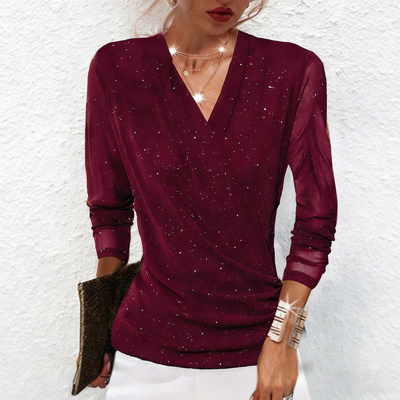 Bluse Damen mit elegantem V-Ausschnitt und transparenten Ärmeln - J&B - 2 - Jasminaboutique.com
