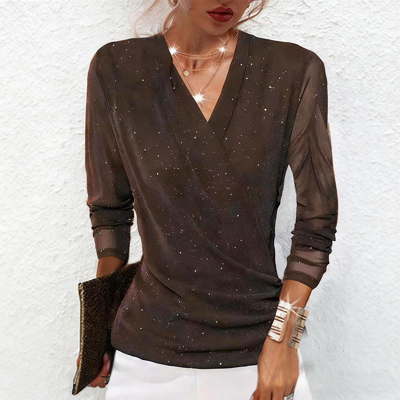 Bluse Damen mit elegantem V-Ausschnitt und transparenten Ärmeln - J&B - 3 - Jasminaboutique.com