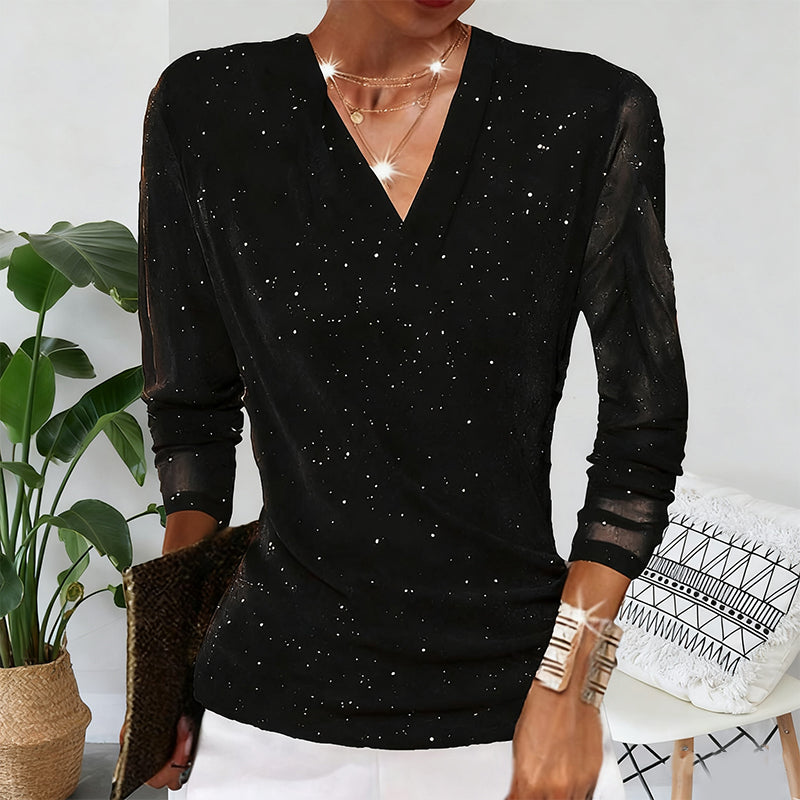 Bluse Damen mit elegantem V-Ausschnitt und transparenten Ärmeln - J&B - 4 - Jasminaboutique.com