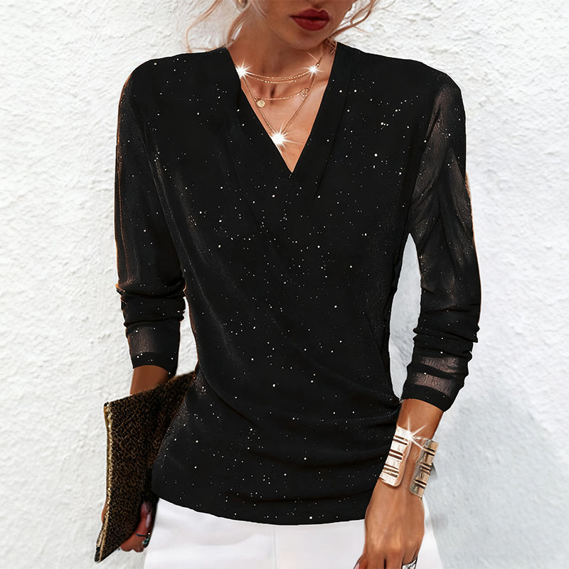 Bluse Damen mit elegantem V-Ausschnitt und transparenten Ärmeln - J&B - 7 - Jasminaboutique.com