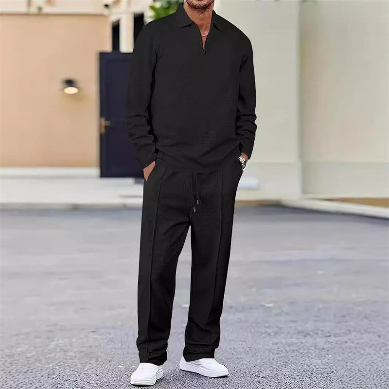 Herren Waffelstrick-Set: Sweatshirt mit Quarter-Zip und lockerer Hose - J&B - 3 - Jasminaboutique.com