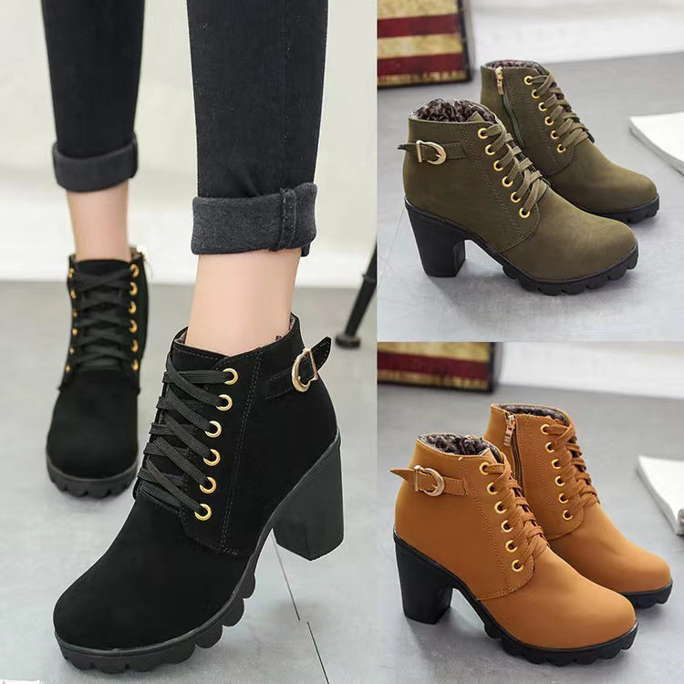 Damen Boots mit klobigem Absatz und Schnürung - J&B - 1 - Jasminaboutique.com