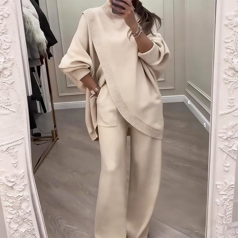 Zwei-teiliger Damen Set - Asymmetrischer Pullover Weite Hose mit lockerem Schnitt - J&B - 2 - Jasminaboutique.com