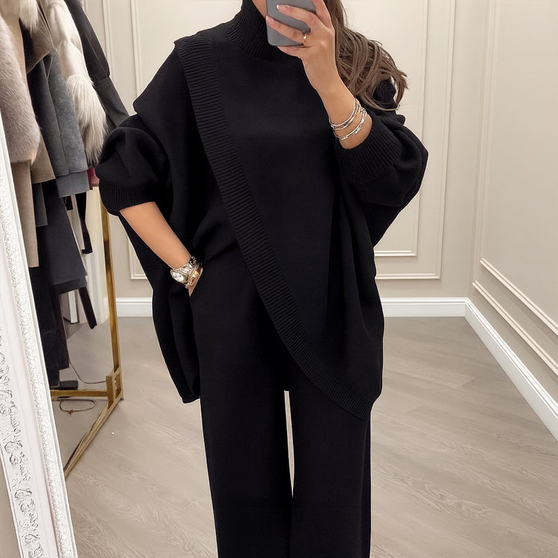 Zwei-teiliger Damen Set - Asymmetrischer Pullover Weite Hose mit lockerem Schnitt - J&B - 6 - Jasminaboutique.com