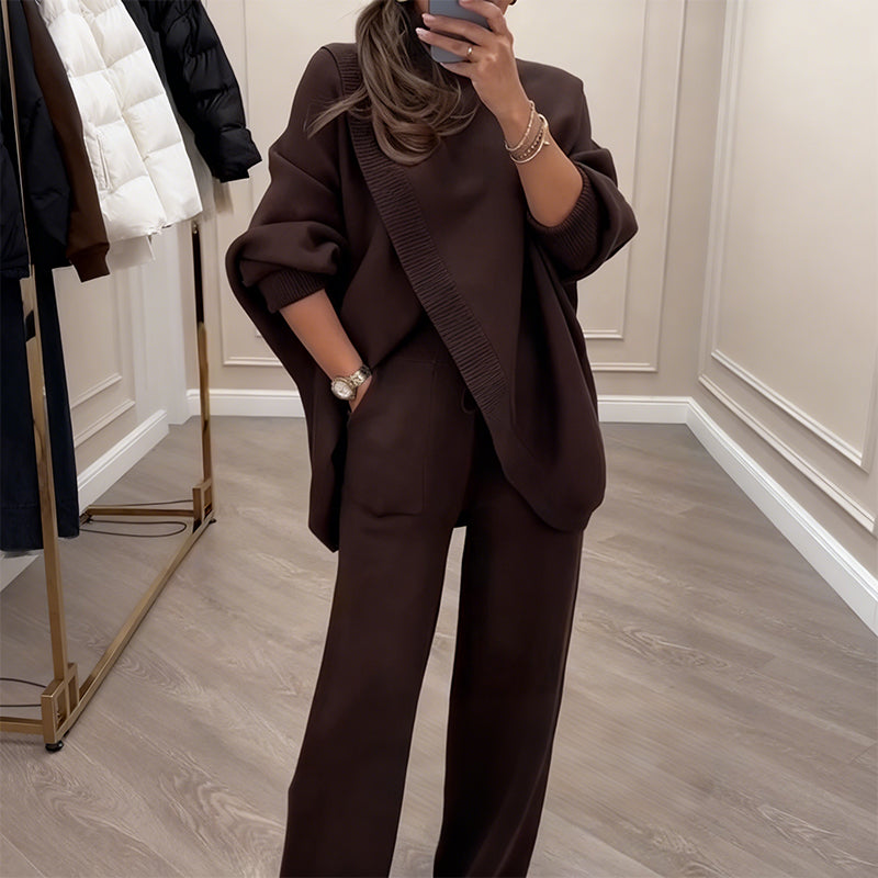 Zwei-teiliger Damen Set - Asymmetrischer Pullover Weite Hose mit lockerem Schnitt - J&B - 8 - Jasminaboutique.com
