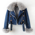 Damen Jeansjacke mit abnehmbarem Kragen und Gürtel - J&B - 1 - Jasminaboutique.com
