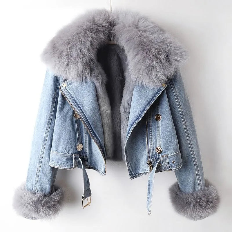 Damen Jeansjacke mit abnehmbarem Kragen und Gürtel - J&B - 2 - Jasminaboutique.com