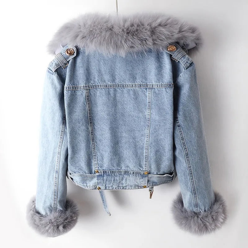 Damen Jeansjacke mit abnehmbarem Kragen und Gürtel - J&B - 3 - Jasminaboutique.com