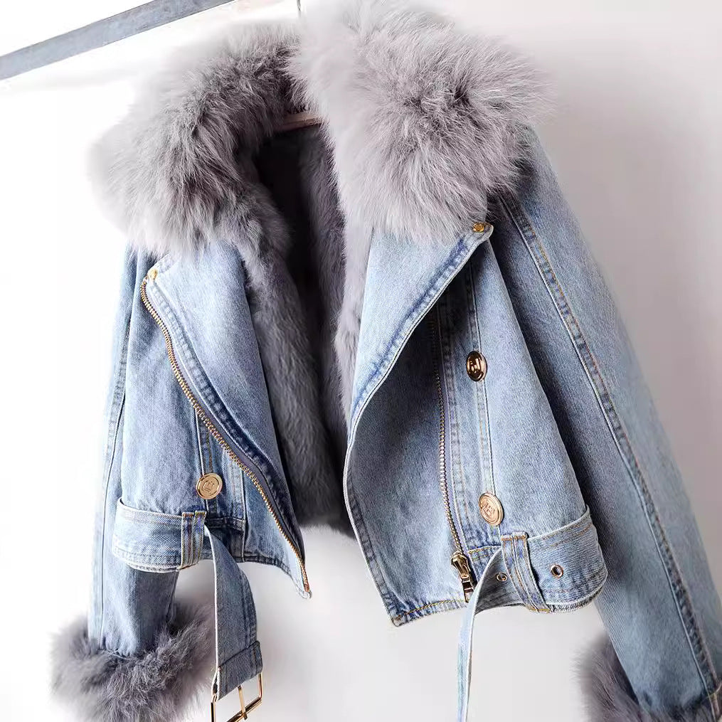 Damen Jeansjacke mit abnehmbarem Kragen und Gürtel - J&B - 6 - Jasminaboutique.com