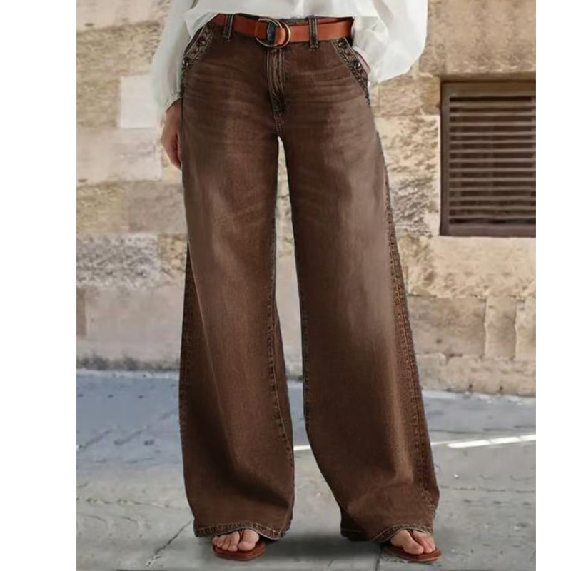 Hohe Taillierte Jeans Damen - Weite Beine mit Knopfdetail - J&B - 10 - Jasminaboutique.com