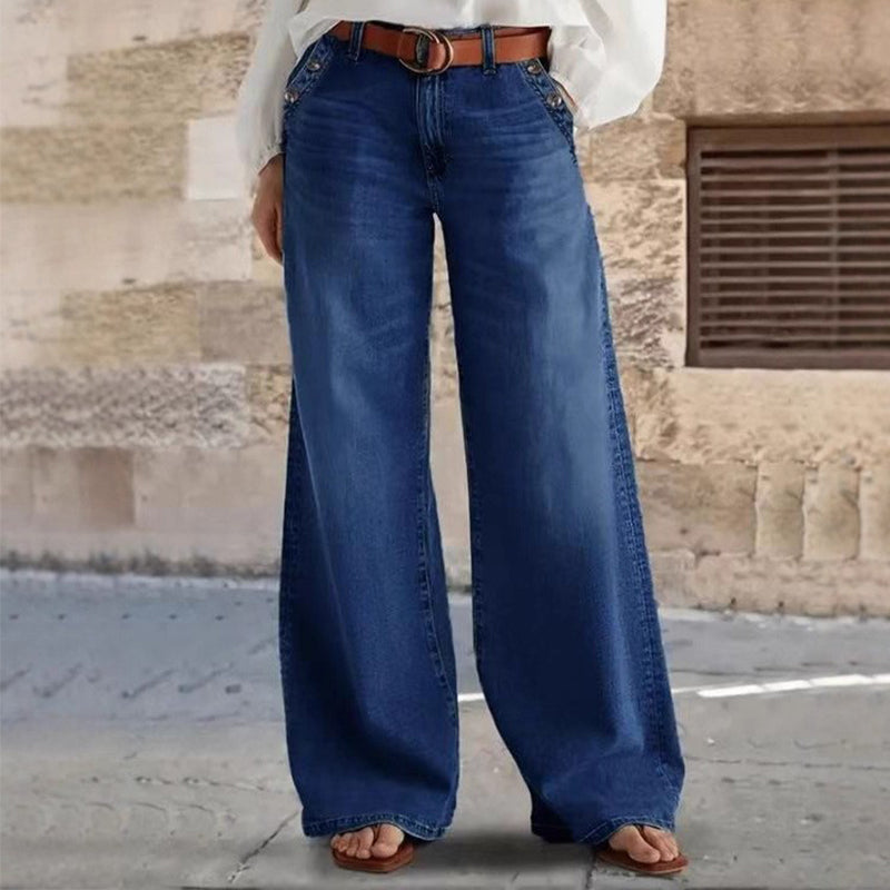 Hohe Taillierte Jeans Damen - Weite Beine mit Knopfdetail - J&B - 11 - Jasminaboutique.com