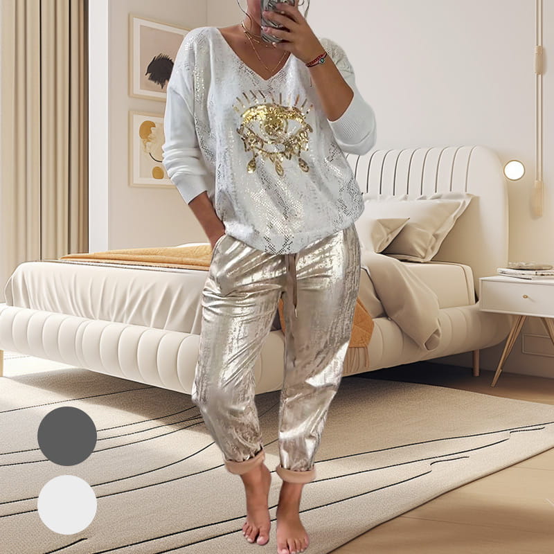 Outfit Damen mit V-Ausschnitt und glänzenden Pailletten - J&B - 1 - Jasminaboutique.com