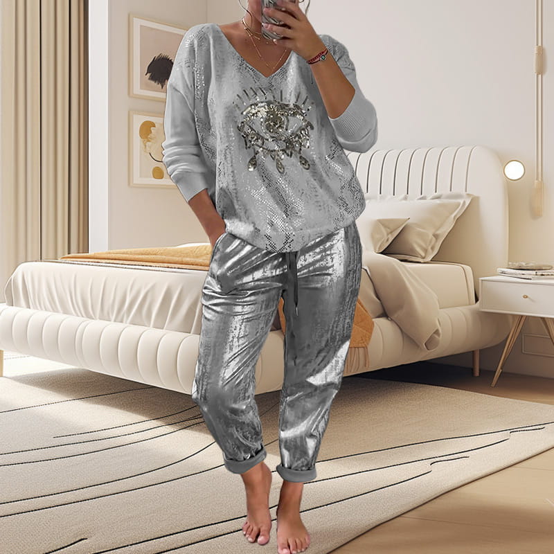 Outfit Damen mit V-Ausschnitt und glänzenden Pailletten - J&B - 2 - Jasminaboutique.com