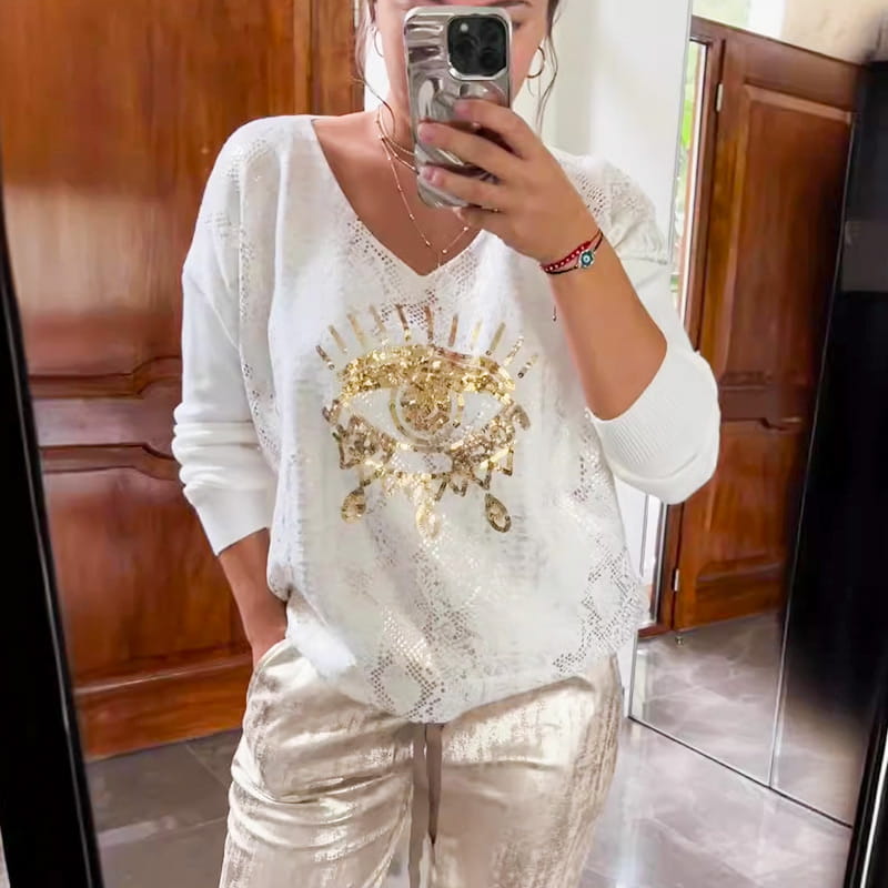 Outfit Damen mit V-Ausschnitt und glänzenden Pailletten - J&B - 3 - Jasminaboutique.com