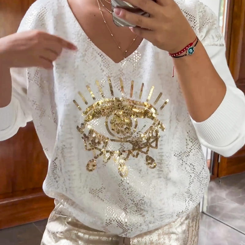 Outfit Damen mit V-Ausschnitt und glänzenden Pailletten - J&B - 6 - Jasminaboutique.com