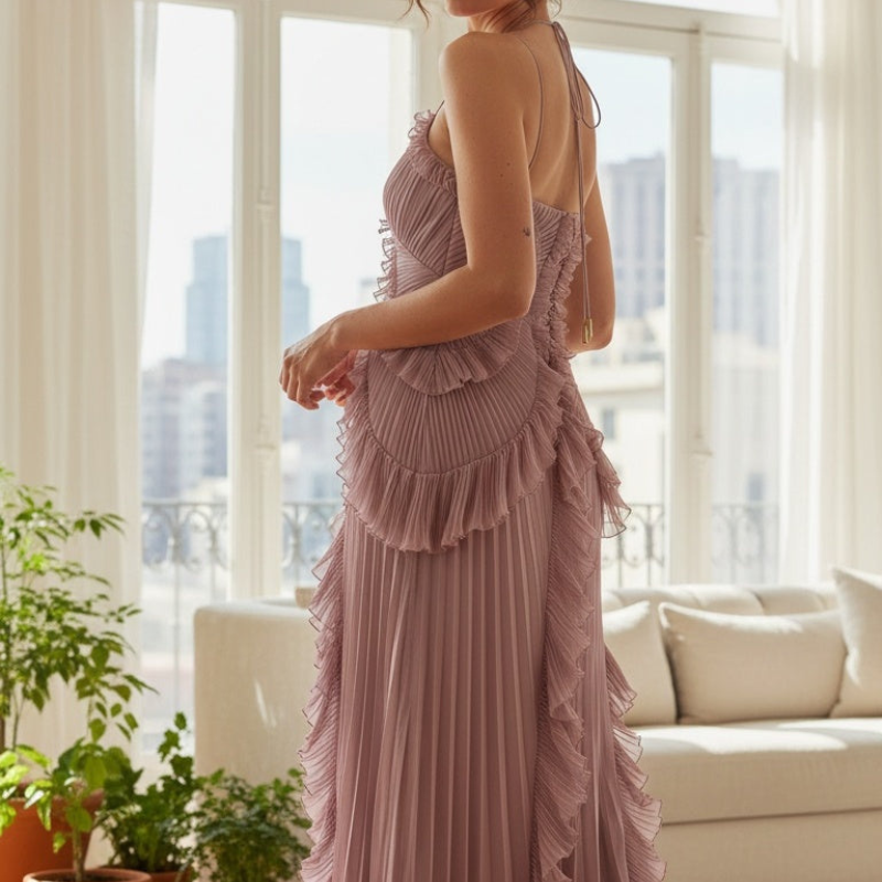 Elegantes Damen Kleid mit asymmetrischem Schnitt und Rüschen - J&B - 3 - Jasminaboutique.com