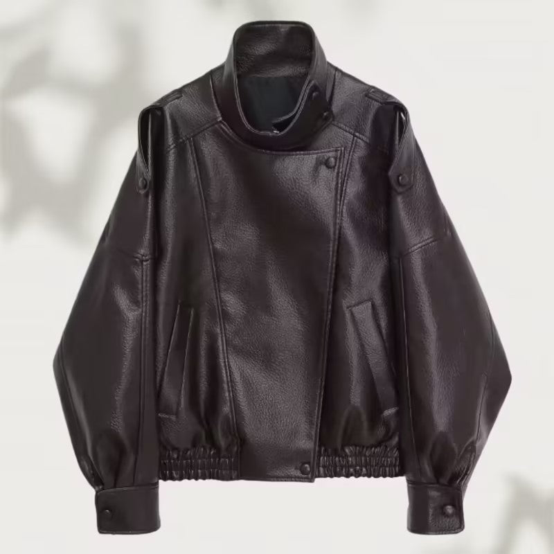 Damen Oversized Bikerjacke mit asymmetrischem Revers und Taillenzug - J&B - 2 - Jasminaboutique.com